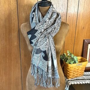 Paisley Print Scarf Shawl Wrap Fringed Black White Gray Boho Bohemian Indie